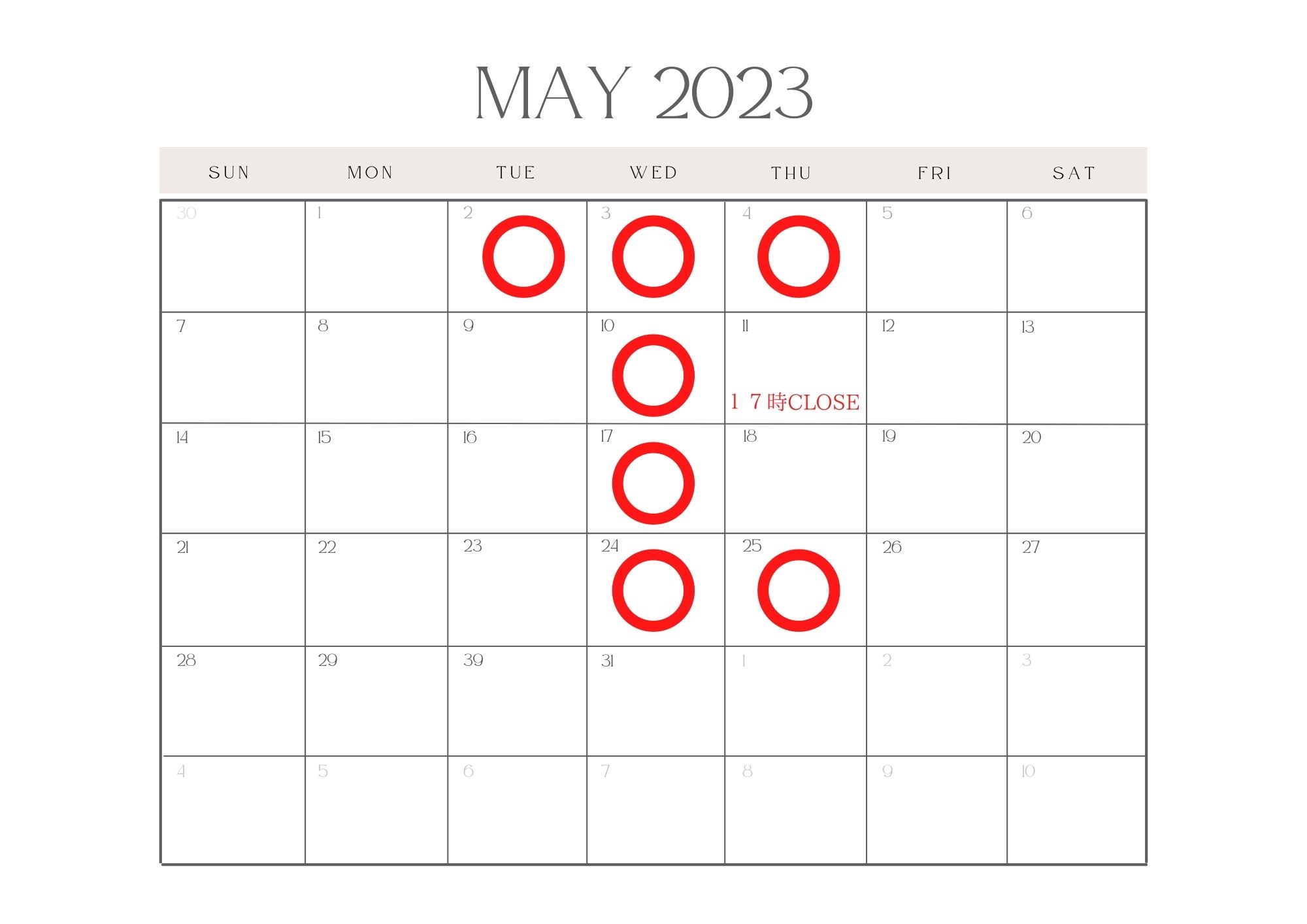 ☆５月の営業カレンダー更新です☆